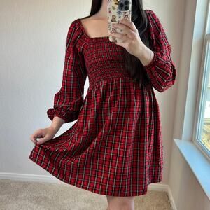 Old Navy Plaid Long Sleeve Smocked Mini Dress Large Winter Dolly Christmas Red